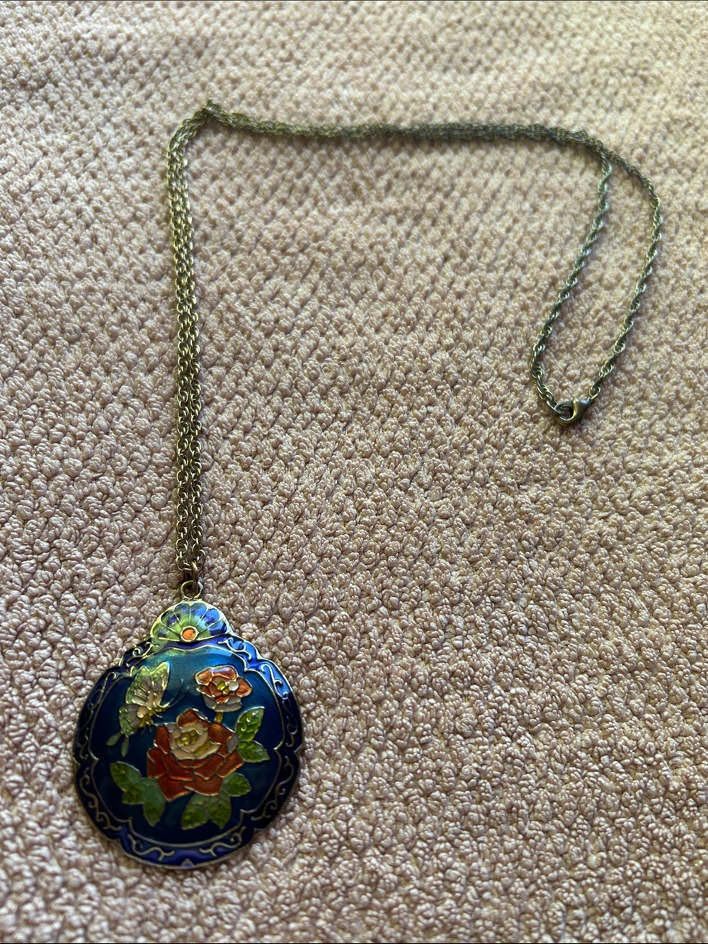 Floral Cloisonné Pendant Necklace in Navy Blue and Gold